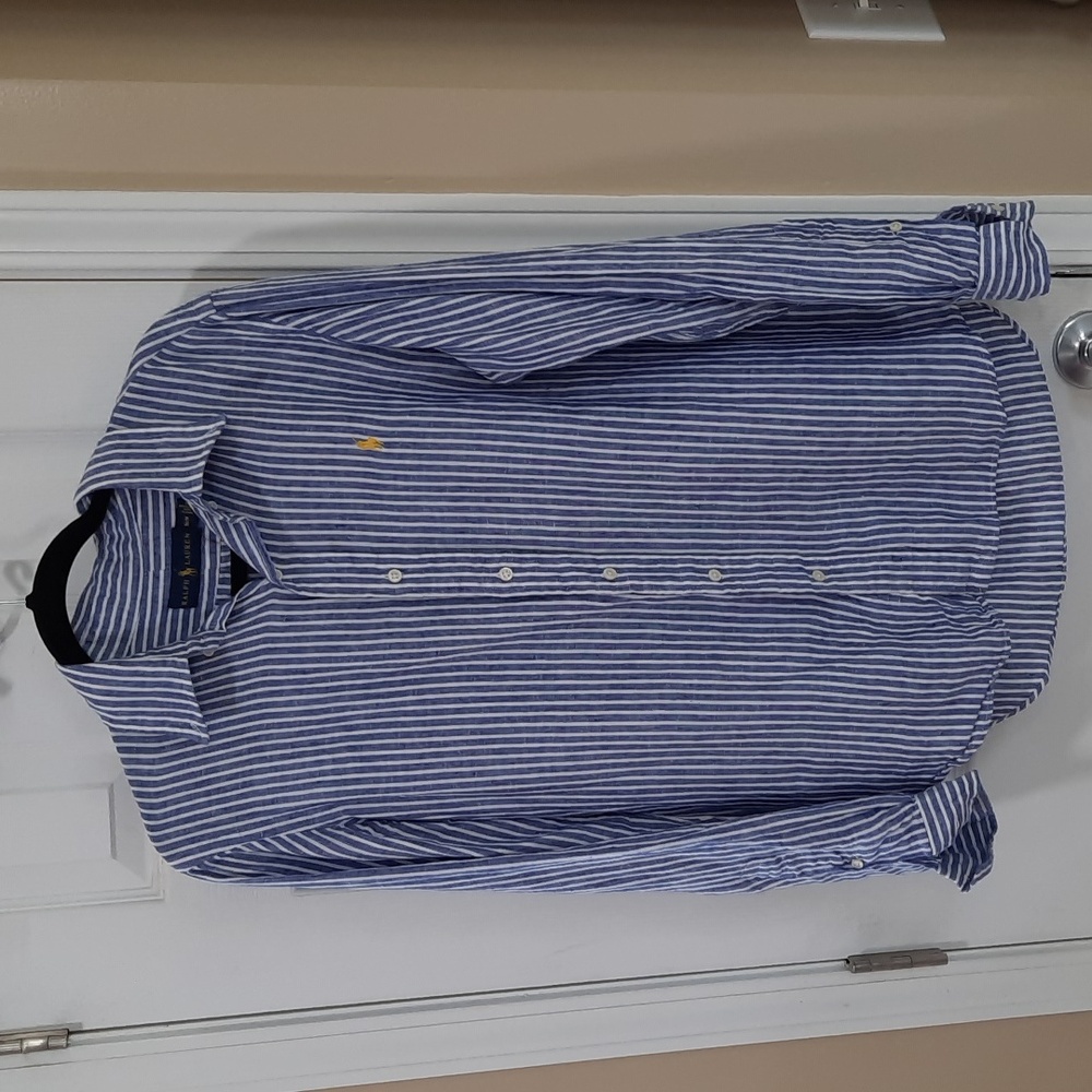 Ralph Lauren linen button down mens size medium loose fit blue white stripes EUC